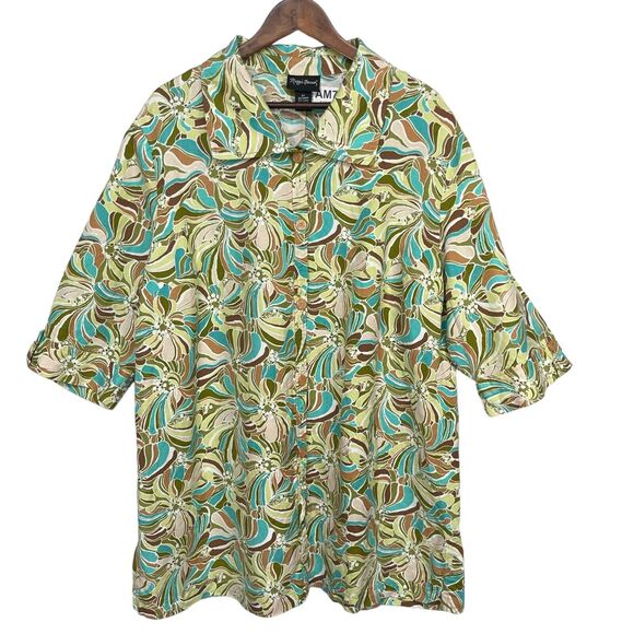 Maggie Barnes Shirt Top‎ Women 2X Multicolor Linen Rayon Collared Button Front - Picture 1 of 12